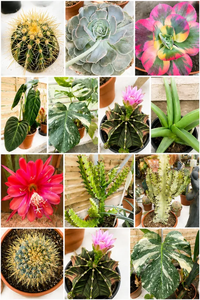 Montage photo de cactus, succulentes et plantes tropicales en pots comprenant echeverias colorées, monstera panaché, aloe vera et cactus fleuris dans une serre lumineuse.