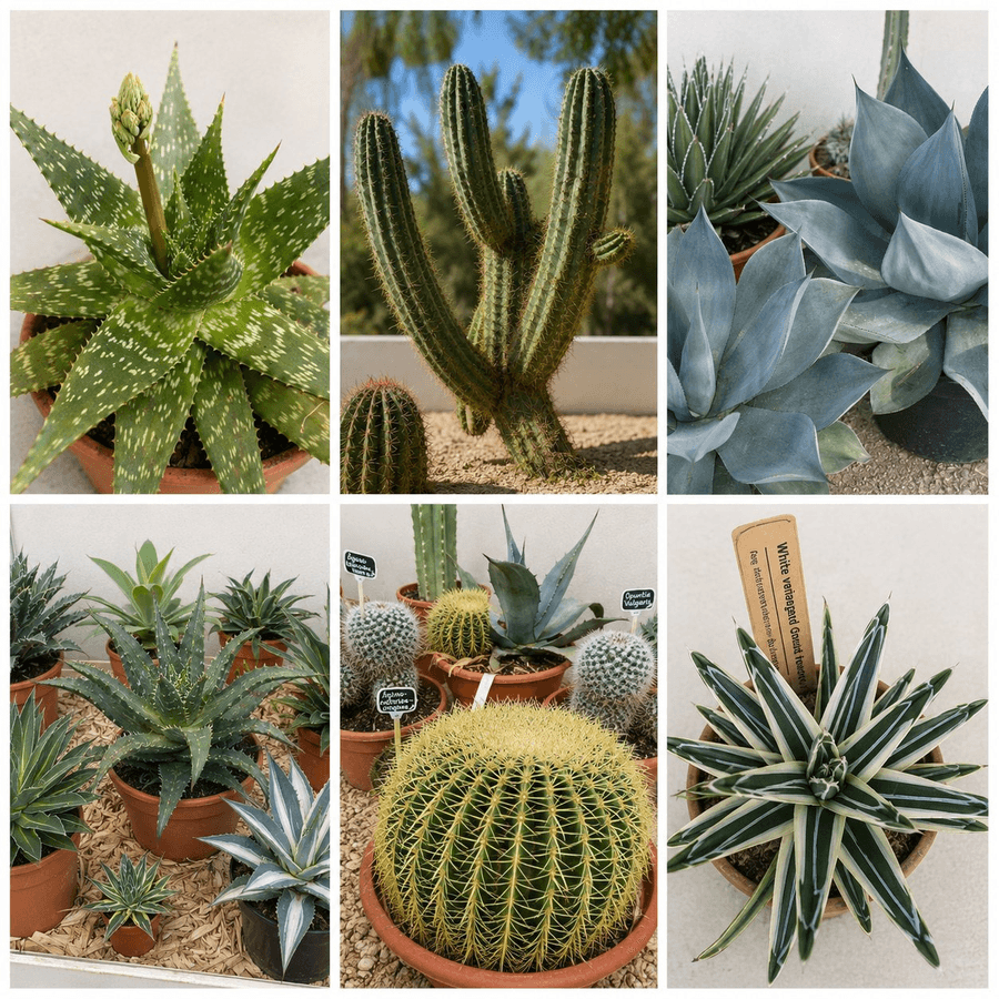Montage carré de cactus, aloès et agaves décoratifs présentés dans une serre avec différentes variétés de plantes grasses et succulentes.