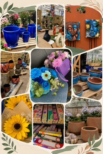 Montage photo de pots décoratifs, objets de décoration, bouquets de fleurs colorés et accessoires naturels présentés dans une serre au style chaleureux et végétal.
