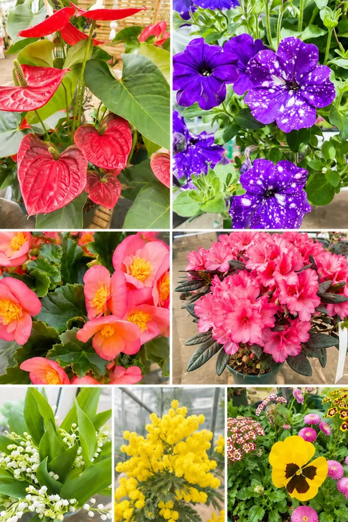 Montage photo de fleurs et plantes fleuries colorées comprenant anthuriums rouges, pétunias violets, bégonias, azalées roses, muguet, mimosa et pensées jaunes en serre lumineuse.