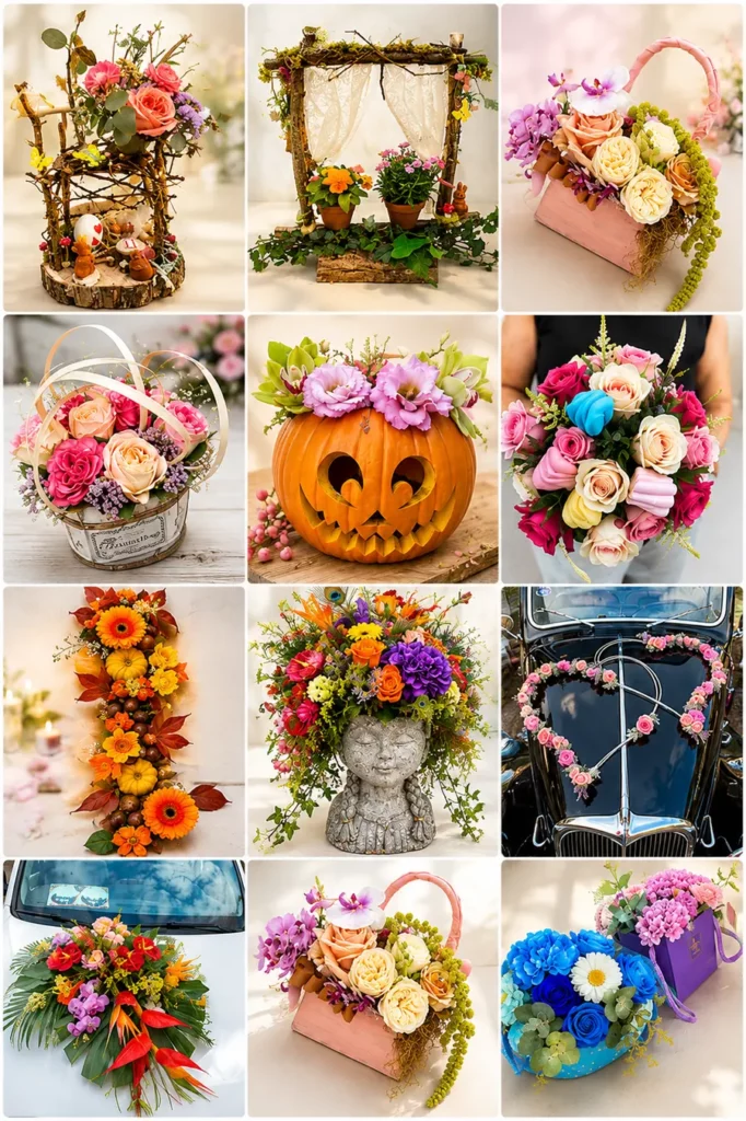 Composition florale personnalisée réalisée sur mesure par un fleuriste créatif pour mariage, hommage ou événement avec fleurs colorées et design élégant.