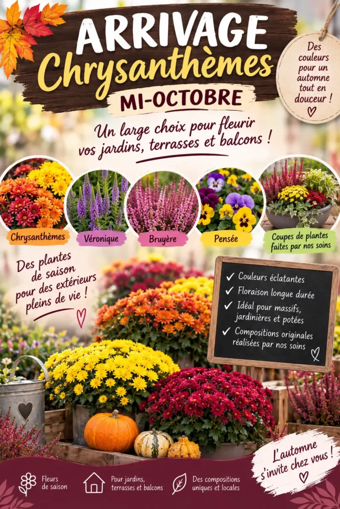 Arrivage de chrysanthèmes et plantes de saison mi-octobre à La Serre de Claire près d’Amboise